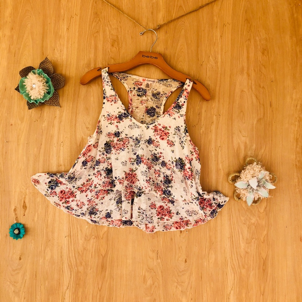 A white, pink and blue floral top.